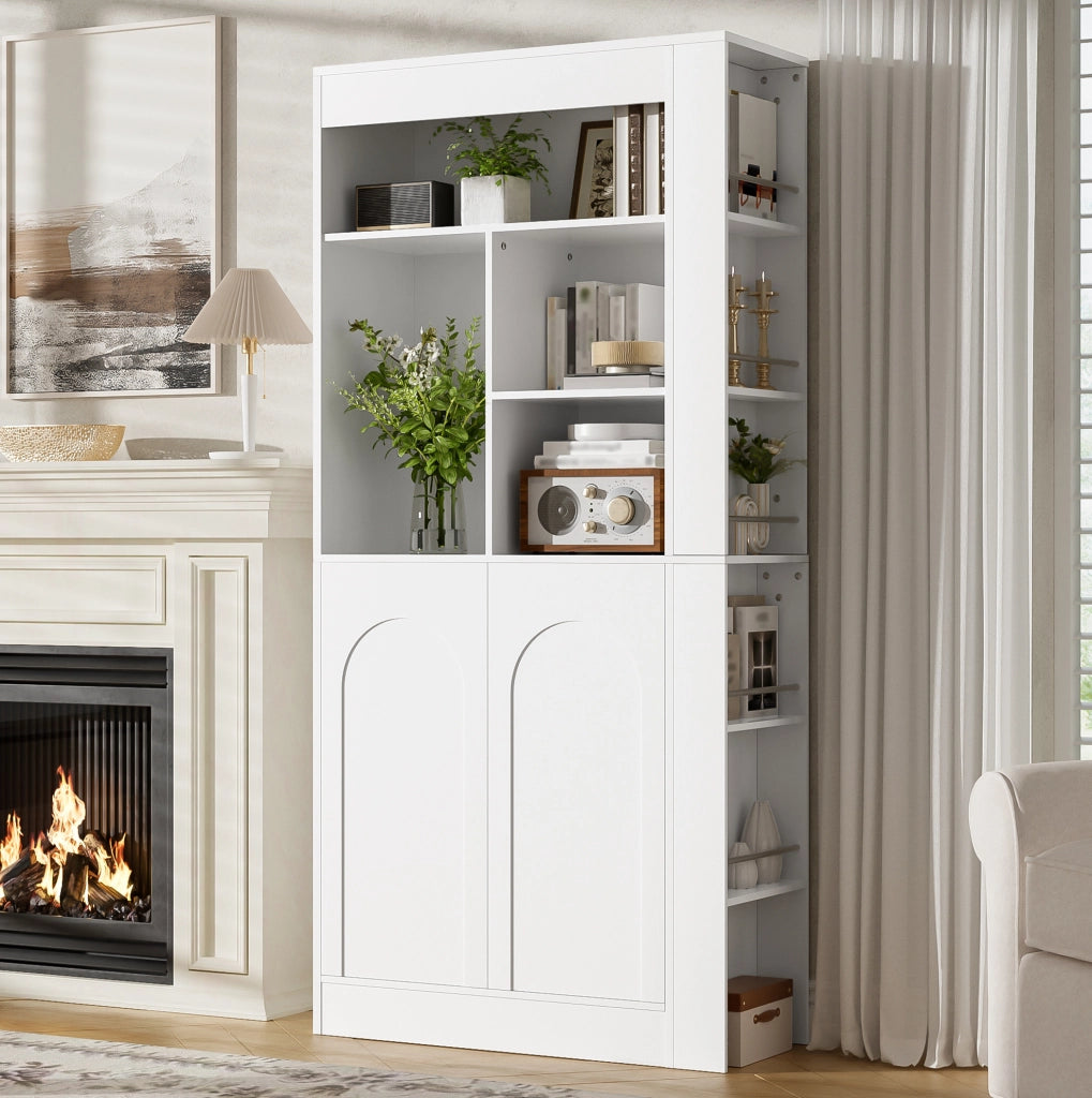 Mobile alto ULEVR 85x35x180 cm con 2 ante, ripiani aperti e ripiani laterali, bianco