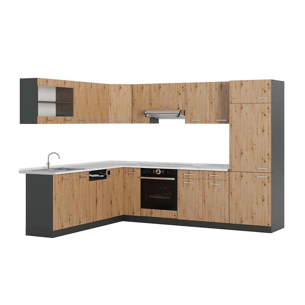 Cucina angolare completa R-Line Rovere artigianale/Antracite 287 x 227 cm, PL Marmo Vicco