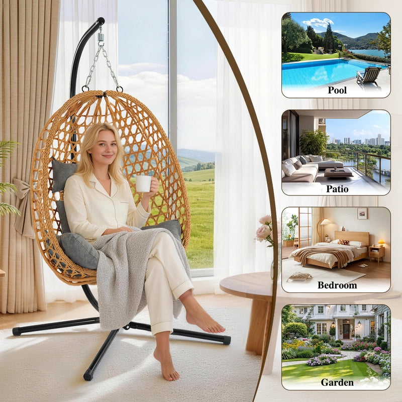 Sedia sospesa con struttura,RATTANTREE sedile e schienale, sedia a forma di uovo, cesto sospeso, sedia sospesa da giardino/patio, marrone