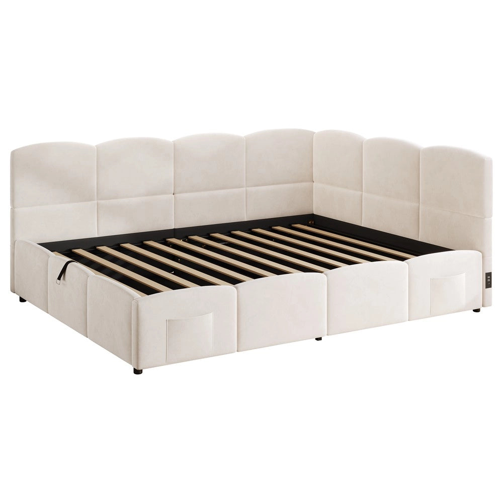 Letto Imbottito Contenitore Singolo 140x200 ¨C Xylo ¨C Velluto Beige con Rete a Doghe