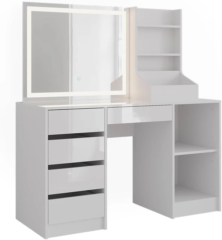 Tavolo da toeletta Sherry, Bianco/bianco lucido, 128.2 cm 3 parti