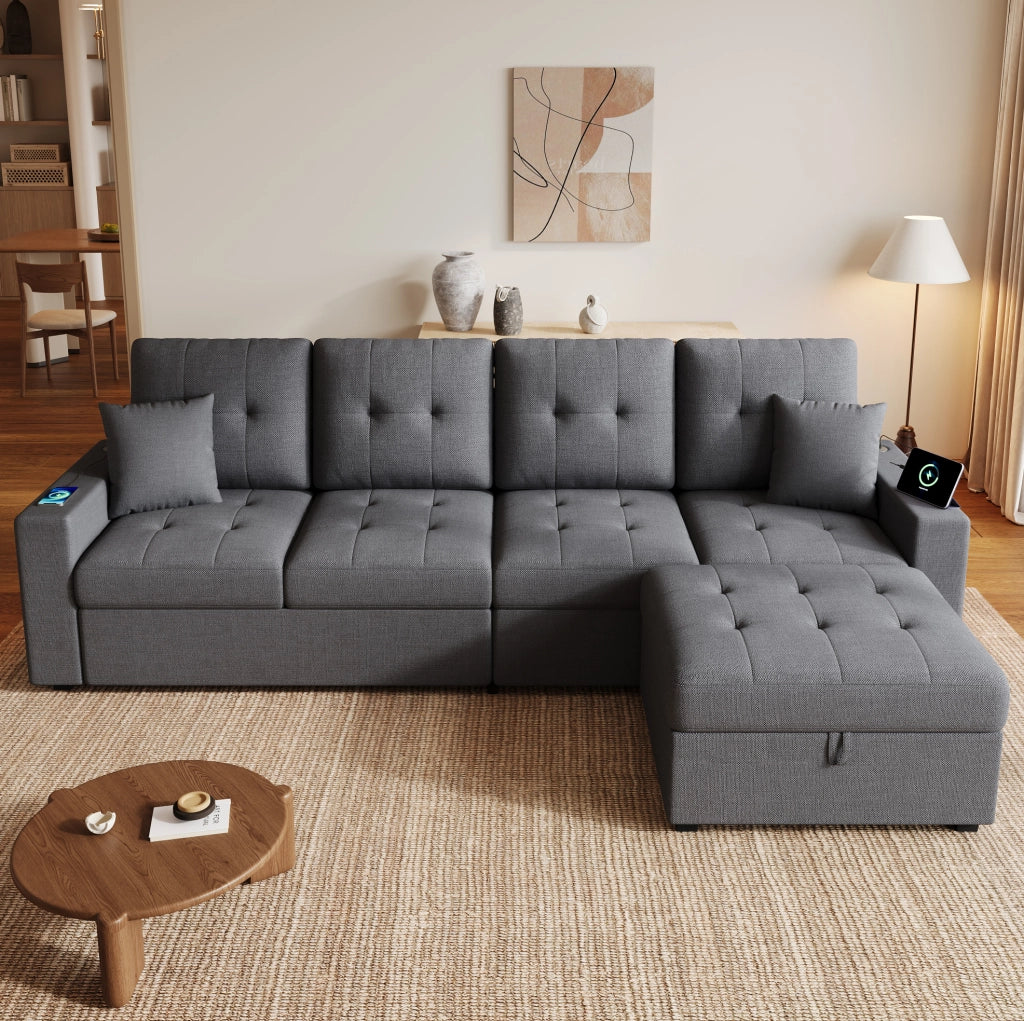Divano angolare 4 posti grigio antico con contenitore, luci decorative e ricarica integrata