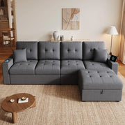 Divano angolare 4 posti grigio antico con contenitore, luci decorative e ricarica integrata