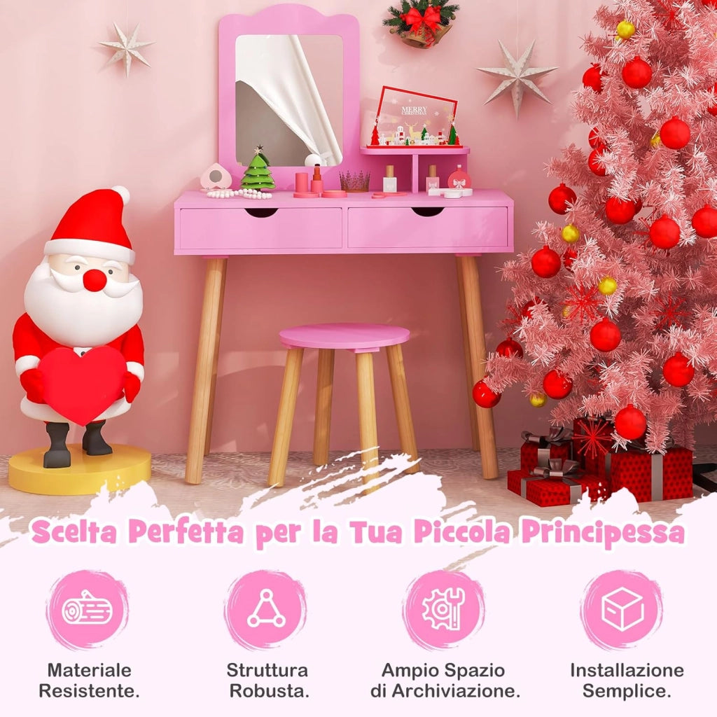 2 in 1 Set Toeletta per Bambini, Postazione Trucco in Legno con Sgabello, Specchio Rettangolare Staccabile e 2 Cassetti Capienti, Ideale per Bambini dai 3 ai 7 Anni (Rosa Scuro)