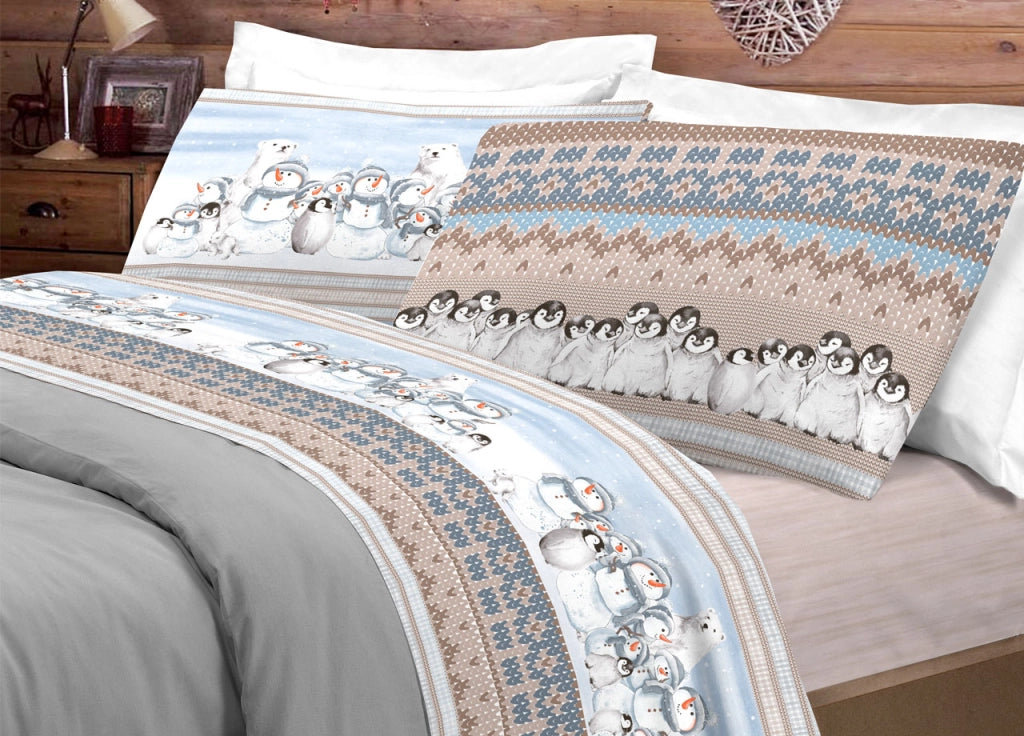 Completo Lenzuola Letto Pensieri Delicati 100% Cotone Dis. Inverno Polare - Matrimoniale - Beige