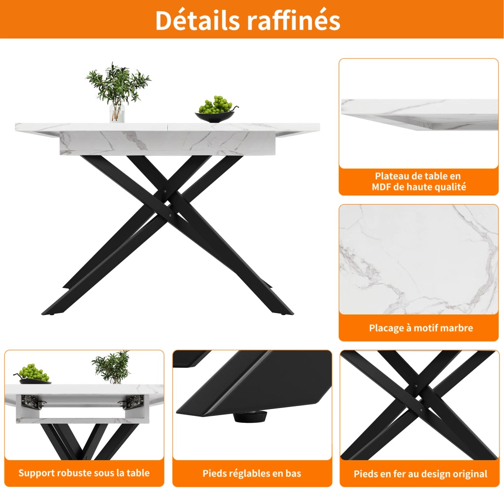 Tavolo allungabile per 6-8 persone con gambe incrociate in metallo, per cucina e soggiorno, bianco e nero, 120 × 80 × 76,5 cm