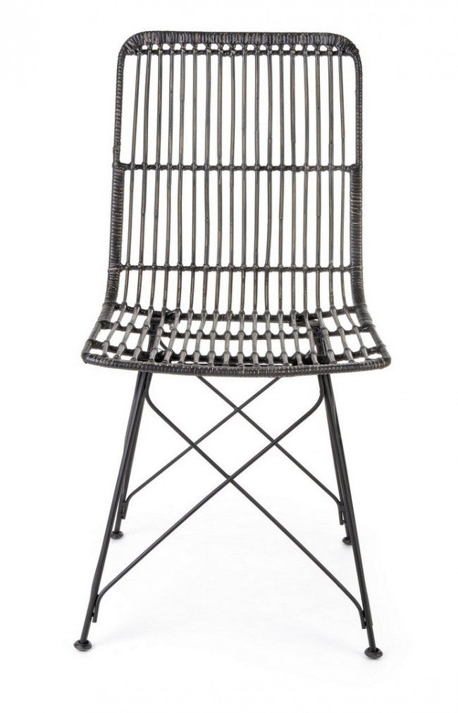 Set 4 Sedie 45x55x85 cm Metal Rattan in Fibre Naturali Nero