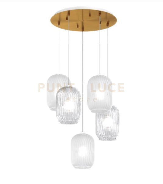SOSPENSIONE OTTONE SATINATO 5 LUCI TONDA VETRI 2X TR + 3X BF 1181OS-S5 T-BT