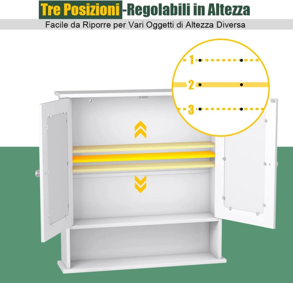 Armadietto da Bagno con Specchio, Armadietto da Parete con Ripiano Regolabile, Mobile da Parete per Bagno, 56 x 12,5 x 58 cm (Bianco)