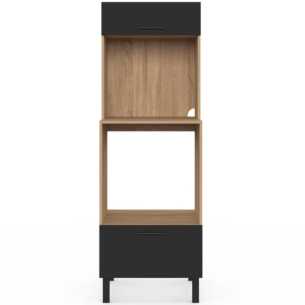 IDMarket - CINA Armadio forno/microonde a colonna da 60 cm a 2 porte, nero e faggio