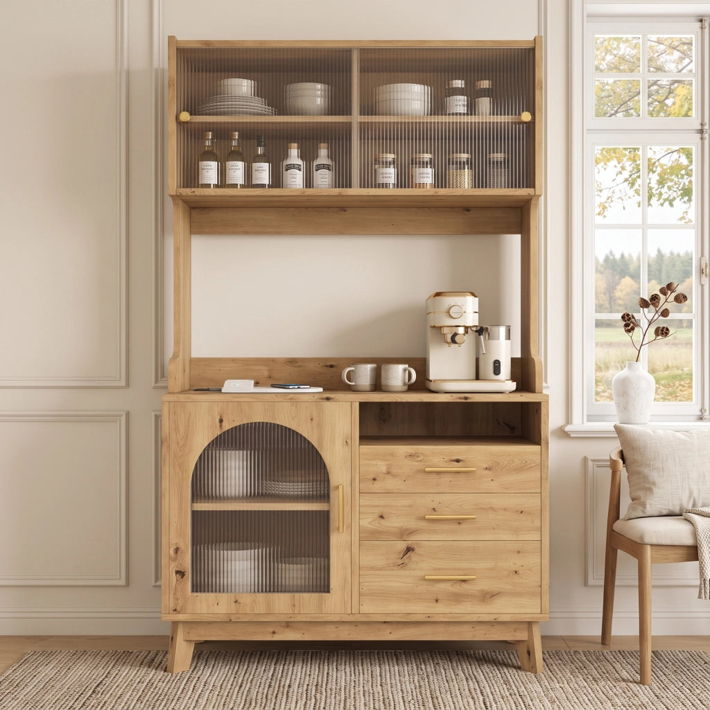 Credenza alta con prese e porte USB, frontale in acrilico a onde, per cucina, in truciolare, legno, 100,5 × 40 × 178 cm