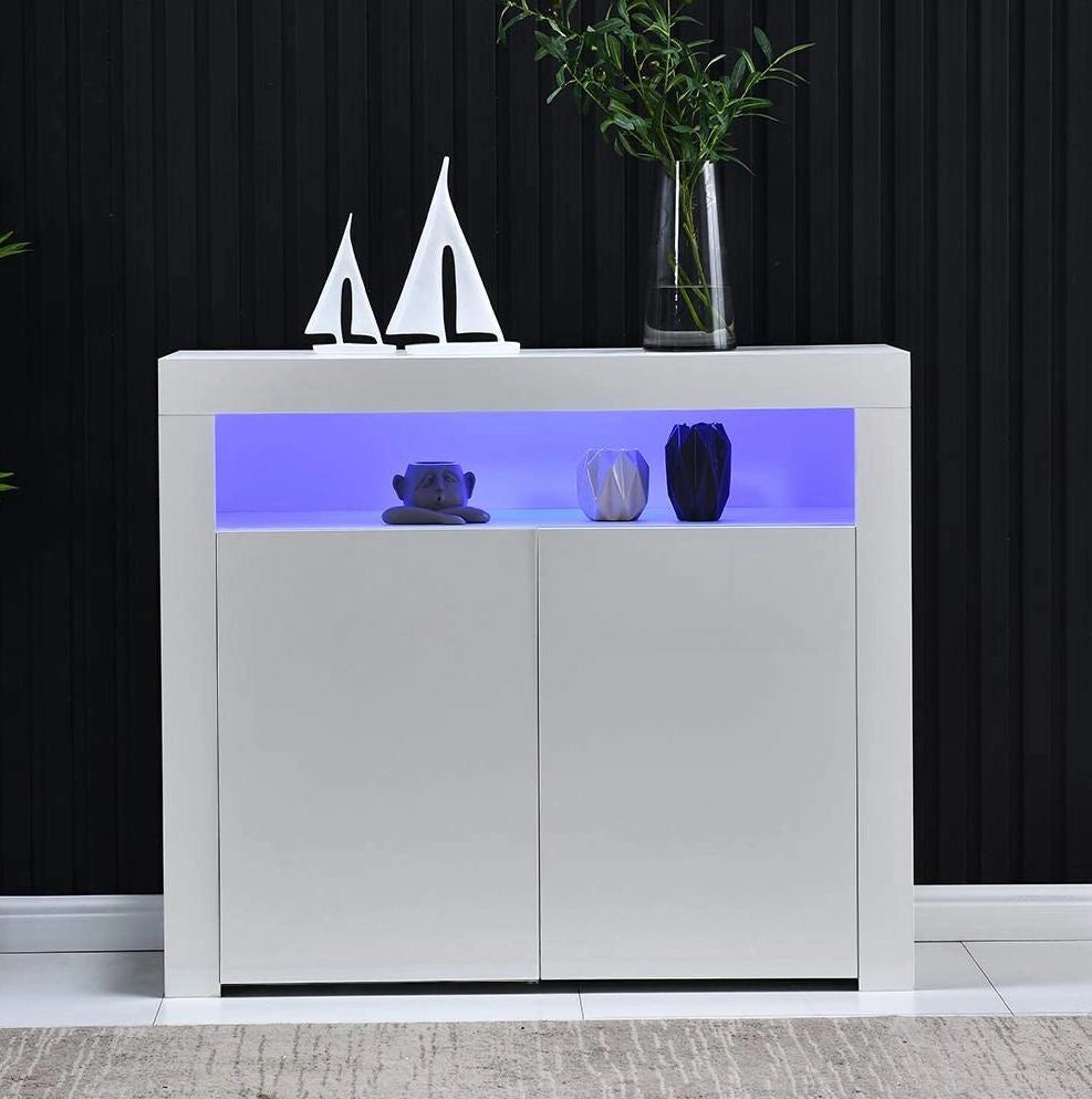 Credenza bianca con LED, 2 ante e vano a giorno