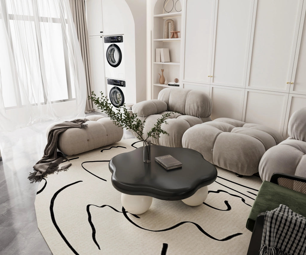 Tavolino basso a forma di nuvola con 1 piano, per soggiorno, in MDF e plastica, nero e bianco, Ø80 × 35 cm