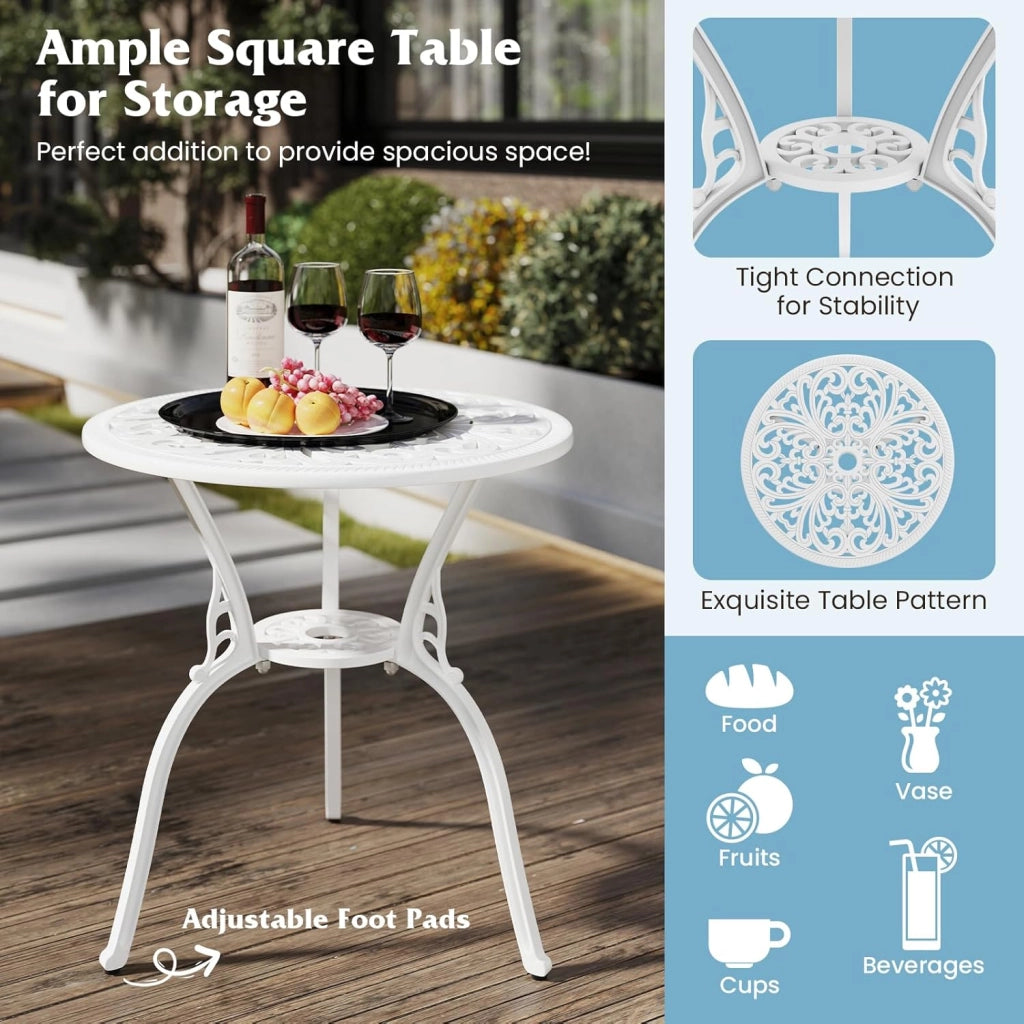 Set Tavolo da Bistrot in Fusione di Alluminio Set da 3 Pezzi Tavolino con 2 Sedie per Giardino Balcone Bordo Piscina, Colore Verde Bronzo/Bianco (Bianco)