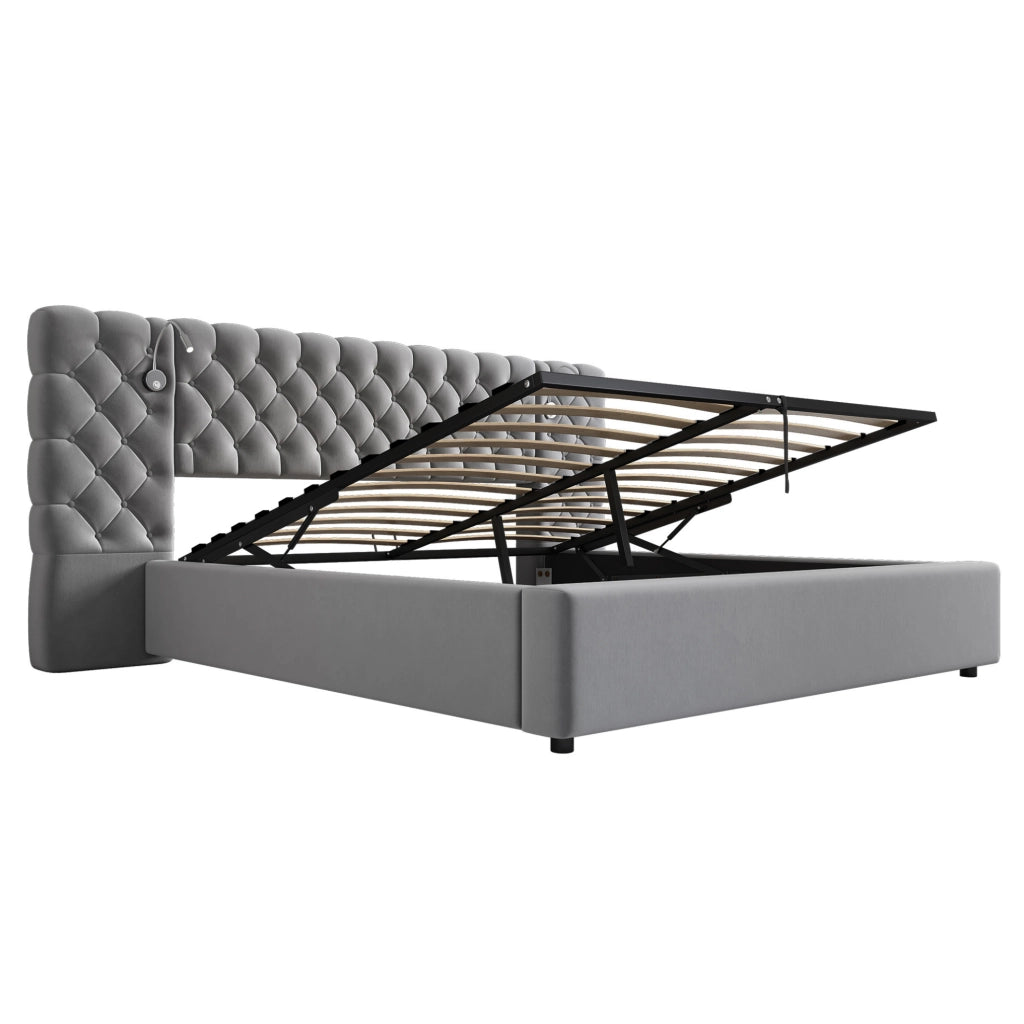Letto imbottito 160x200 cm in velluto grigio con luce da lettura e contenitore