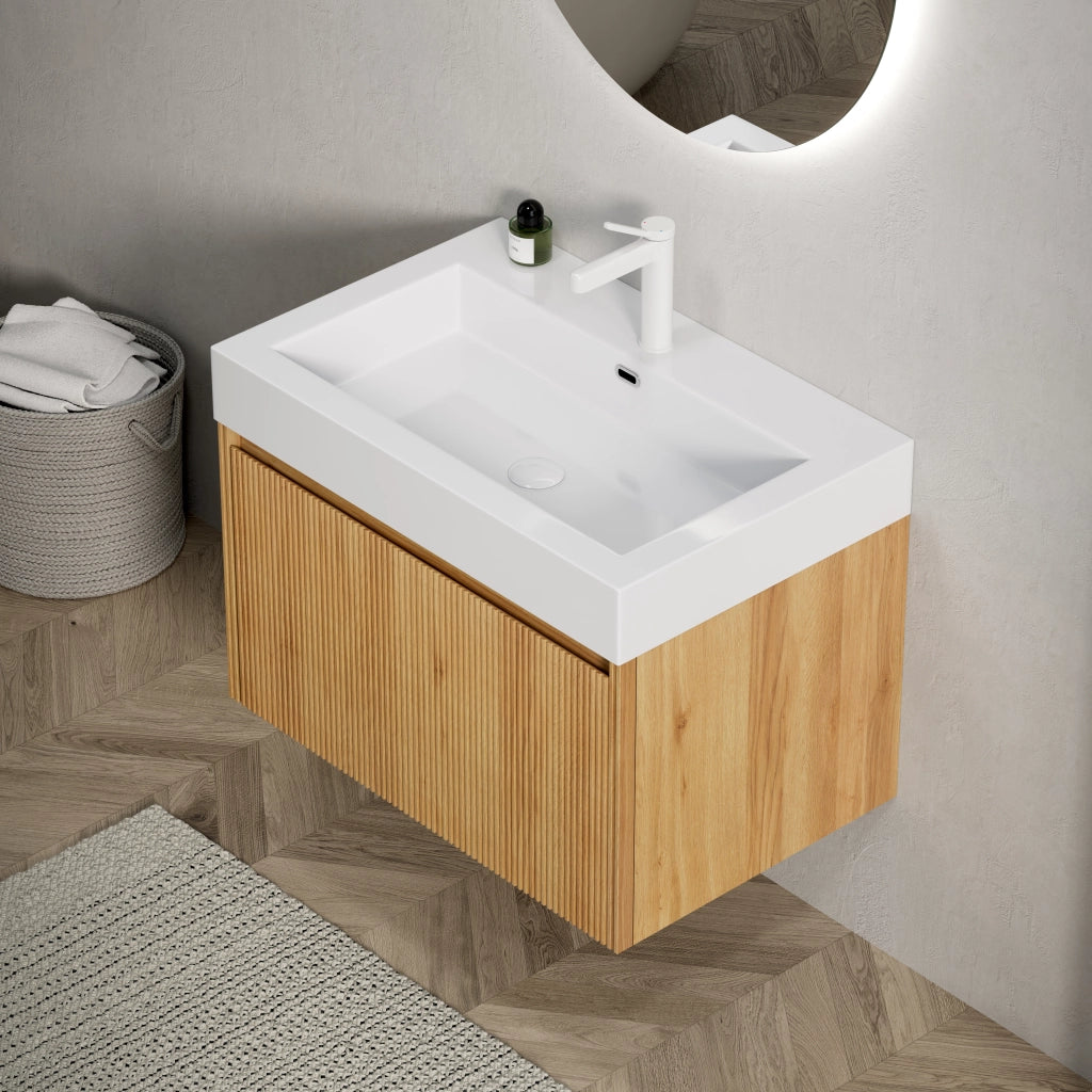 Mobile bagno sospeso con lavabo integrato e 1 cassetto con illuminazione LED per bagno; 70×46×50 cm; bianco e rovere