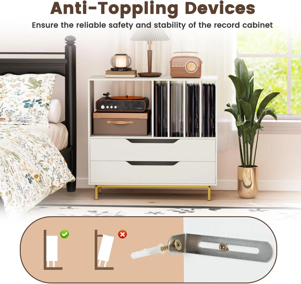 Mobile in vinile con scomparti aperti, 4 separatori, gambe metalliche e cassetti, mensola per dischi in legno per sala musica, soggiorno (bianco)