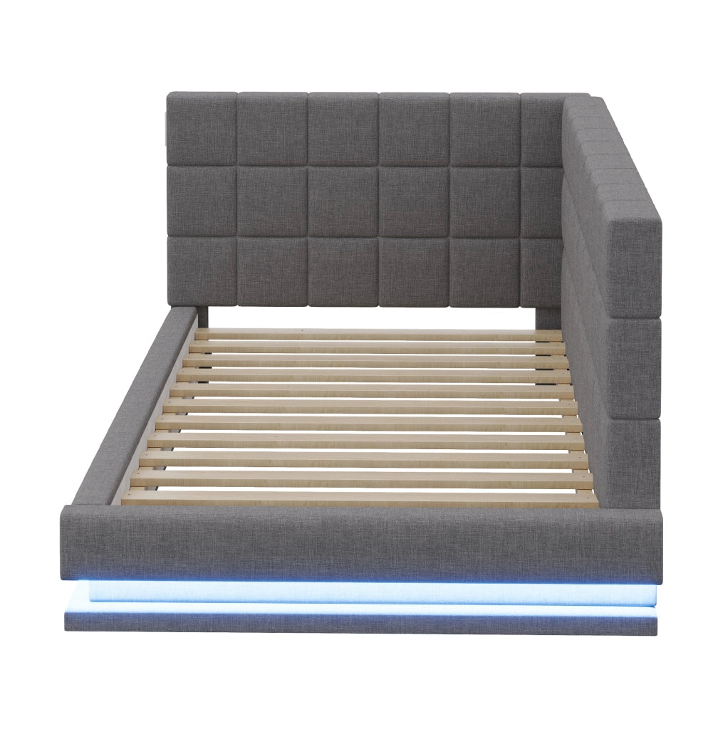 Divano letto imbottito 90x200 con LED, USB e rete a doghe