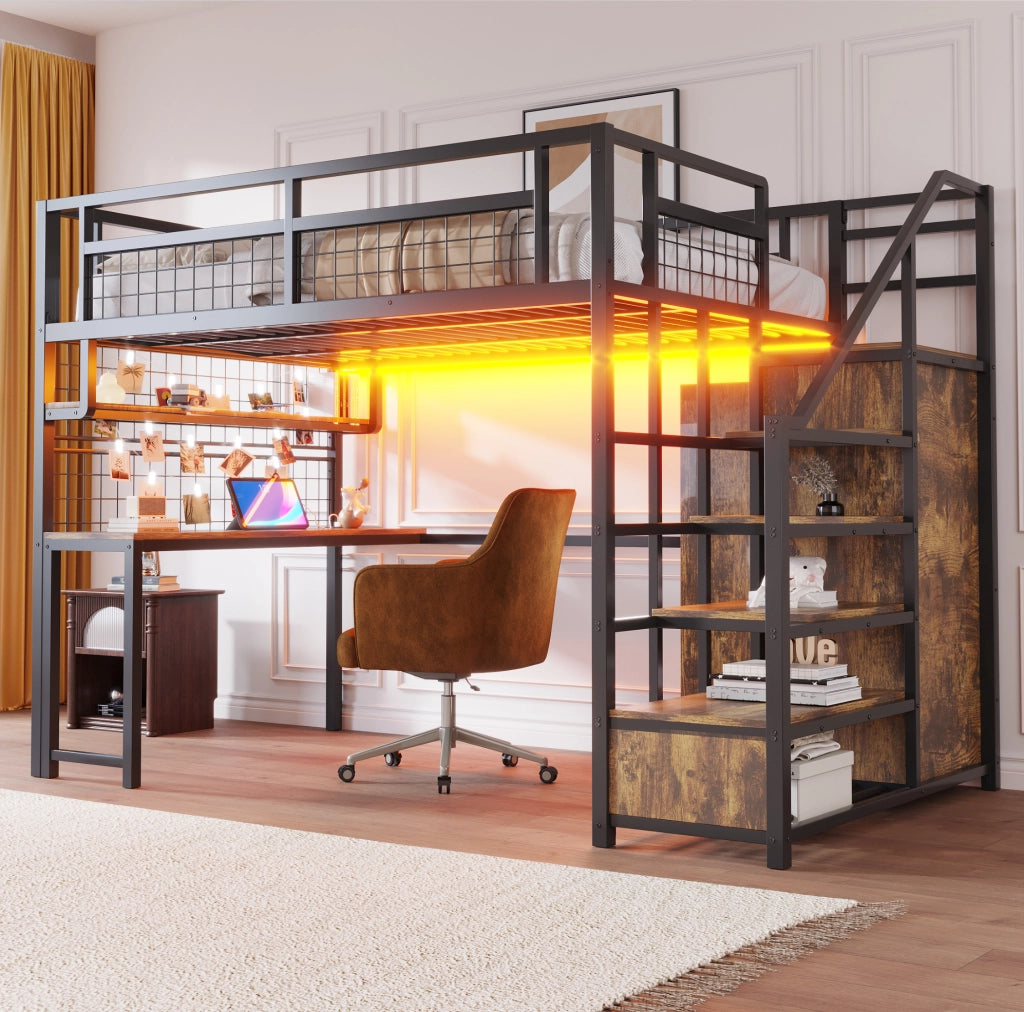 Letto a soppalco in metallo 140x200 cm con scrivania; libreria; scala contenitore; nero