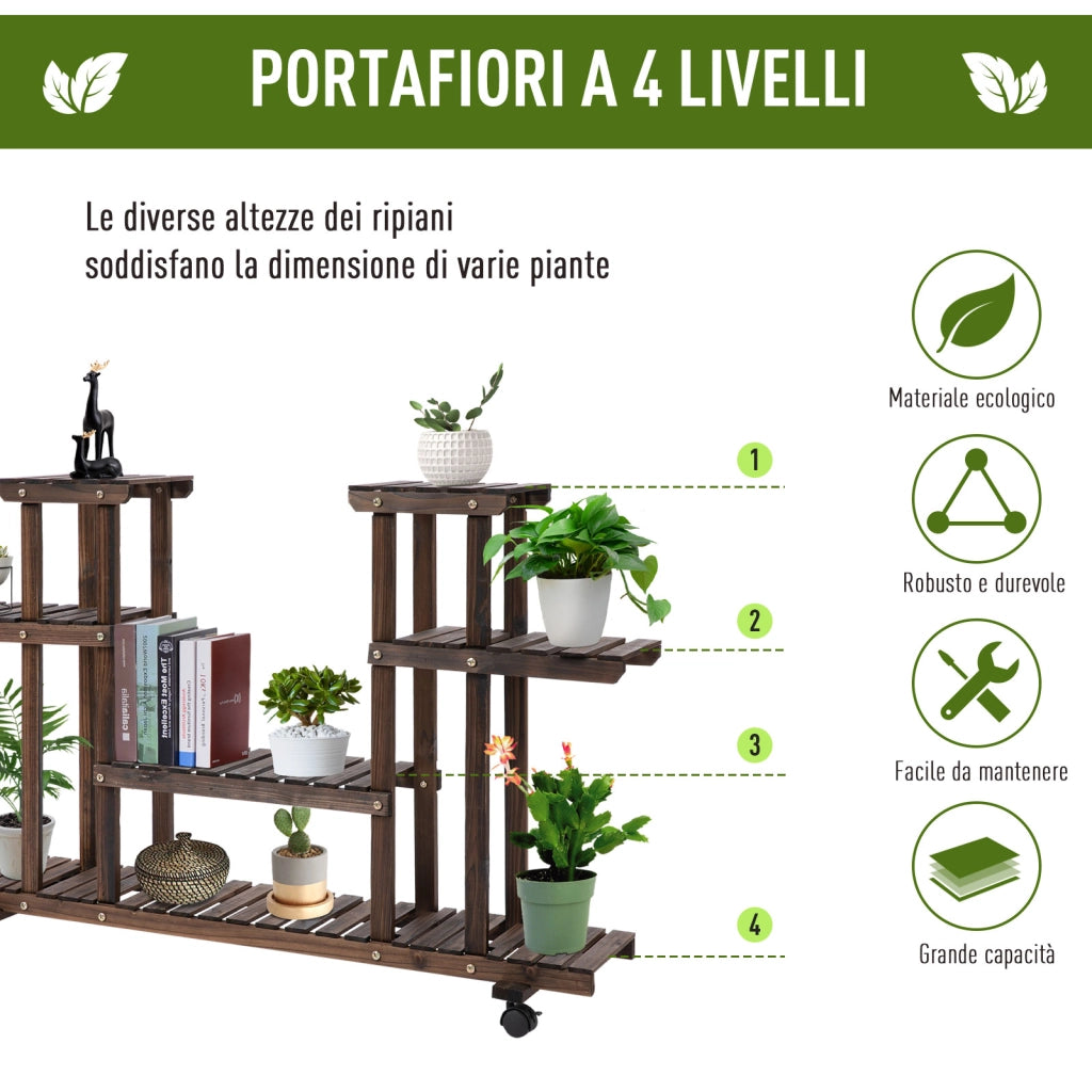 Easycomfort Scaffale Portafiori a 4 Livelli, Fioriera da Esterno e Interno in Legno con 4 Ruote, 123.5 x 33 x 80cm