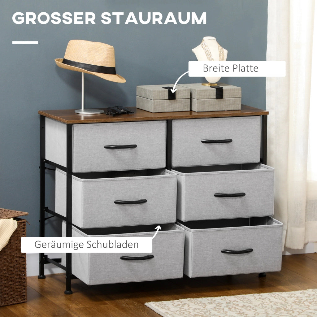 CASSETTIERA 80x30x62,5 cm Grigia in MDF con 6 cassetti in tessuto