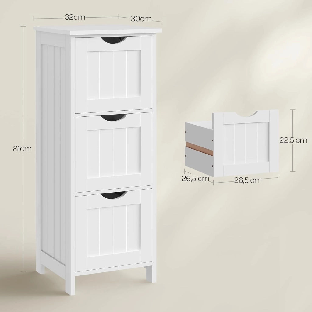Mobile da Bagno, Mobiletto Bagno Salvaspazio, con 3 Cassetti, 32 x 30 x 81 cm, Armadio Autoportante, per Sala da Pranzo, Cucina, Stile Moderno, Bianco BZS123ws