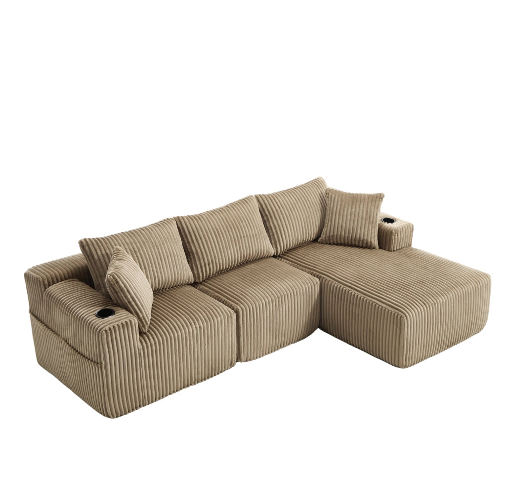 Divano modulare ULEVR con chaise longue e modulo 2 posti, 5 cuscini, portabevande e tasche laterali, velluto a coste kaki