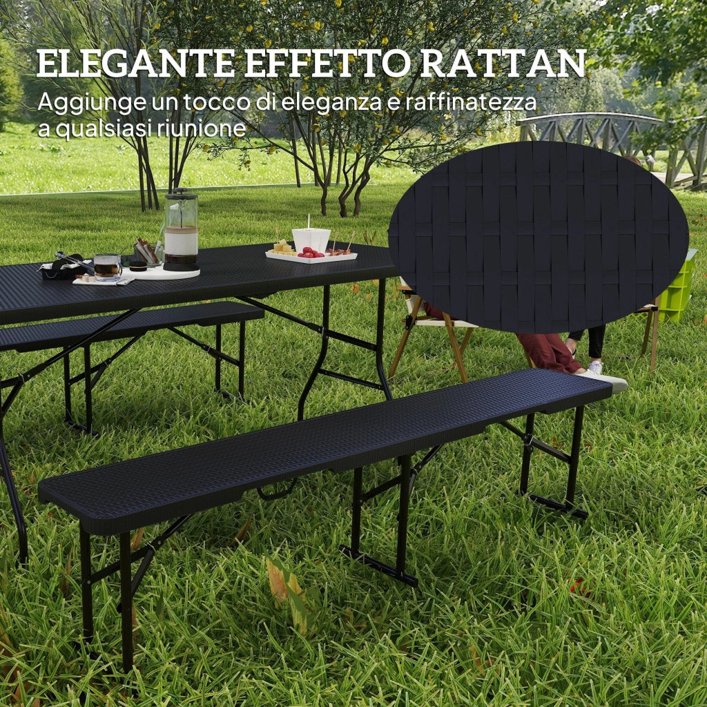 Set da Pic Nic Pieghevole a 3 Pezzi con Tavolo e 2 Panche in HDPE e Metallo Nero