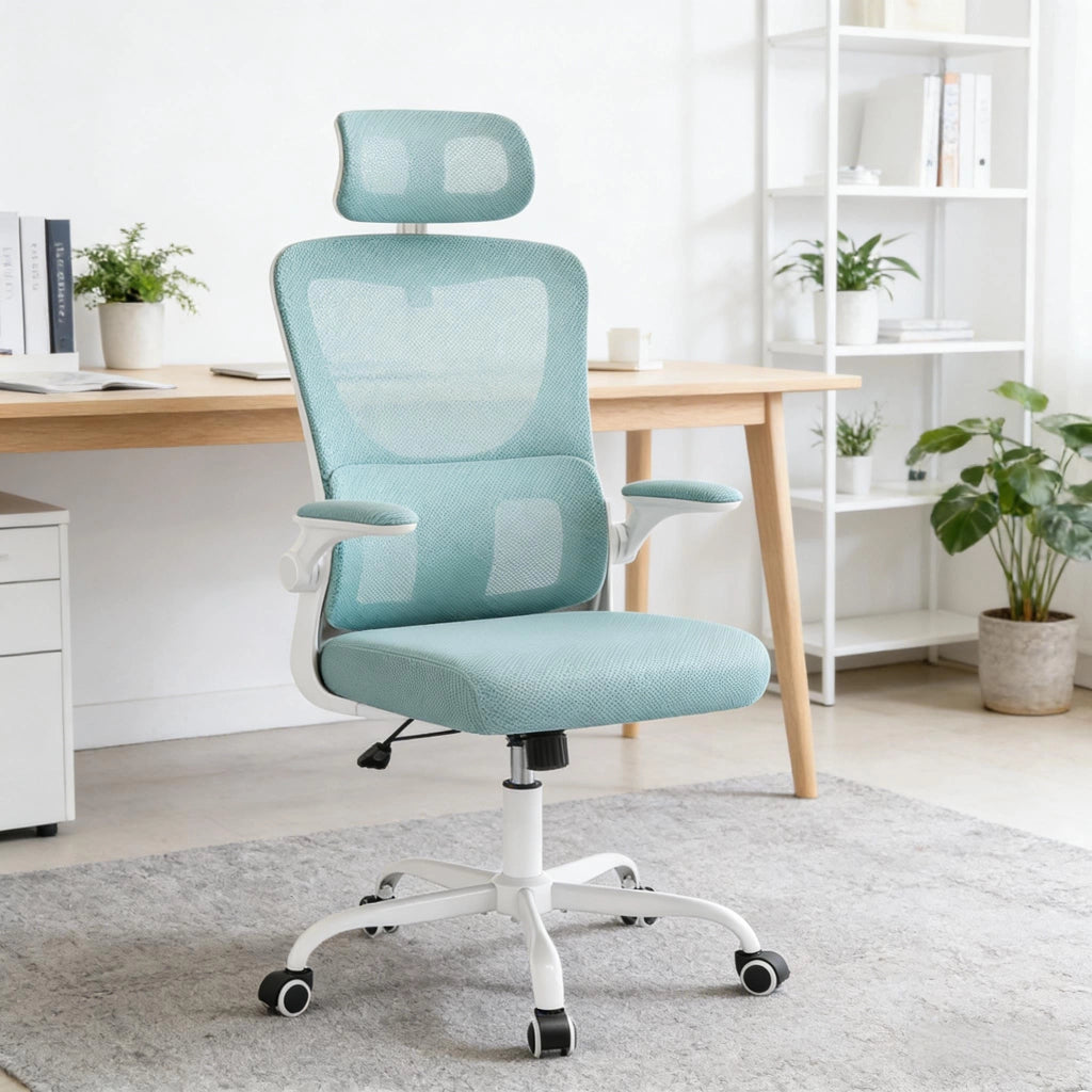 Sedia da ufficio ergonomica con schienale in rete alto, poggiatesta regolabile e ruote, blu