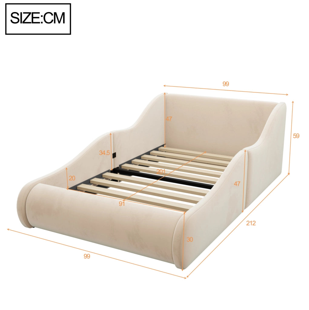 Letto per bambini 90x200 cm con testiera alta e sponde laterali in velluto beige