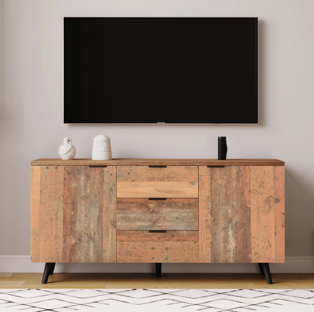 Credenza TV vintage con ripiani regolabili e tre cassetti