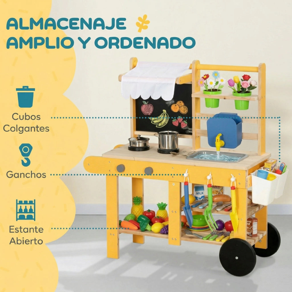 Casetta Gioco Cucina Esterno Legno con Ruote Lavandino e Accessori ¨C zephmum ¨C Giallo 84.2x34.4x90 cm