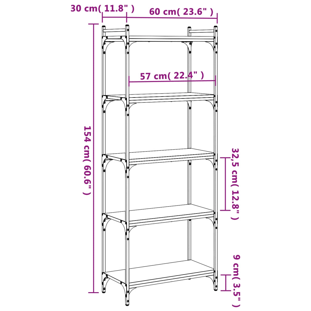 Libreria a 5 Ripiani-Scaffale per Libri-Mobile di Stoccaggio Rovere Fumo 60x30x154 cm Legno Multistrato