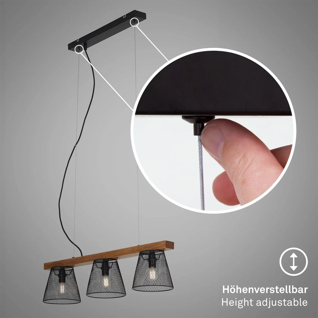 Lampadario A Sospensione Vintage Taunuds Metallo Legno Nero 3 Luci Luci E14