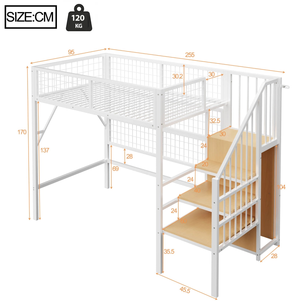 Letto a soppalco 90x200 cm con LED e scala con spazio contenitore in metallo bianco