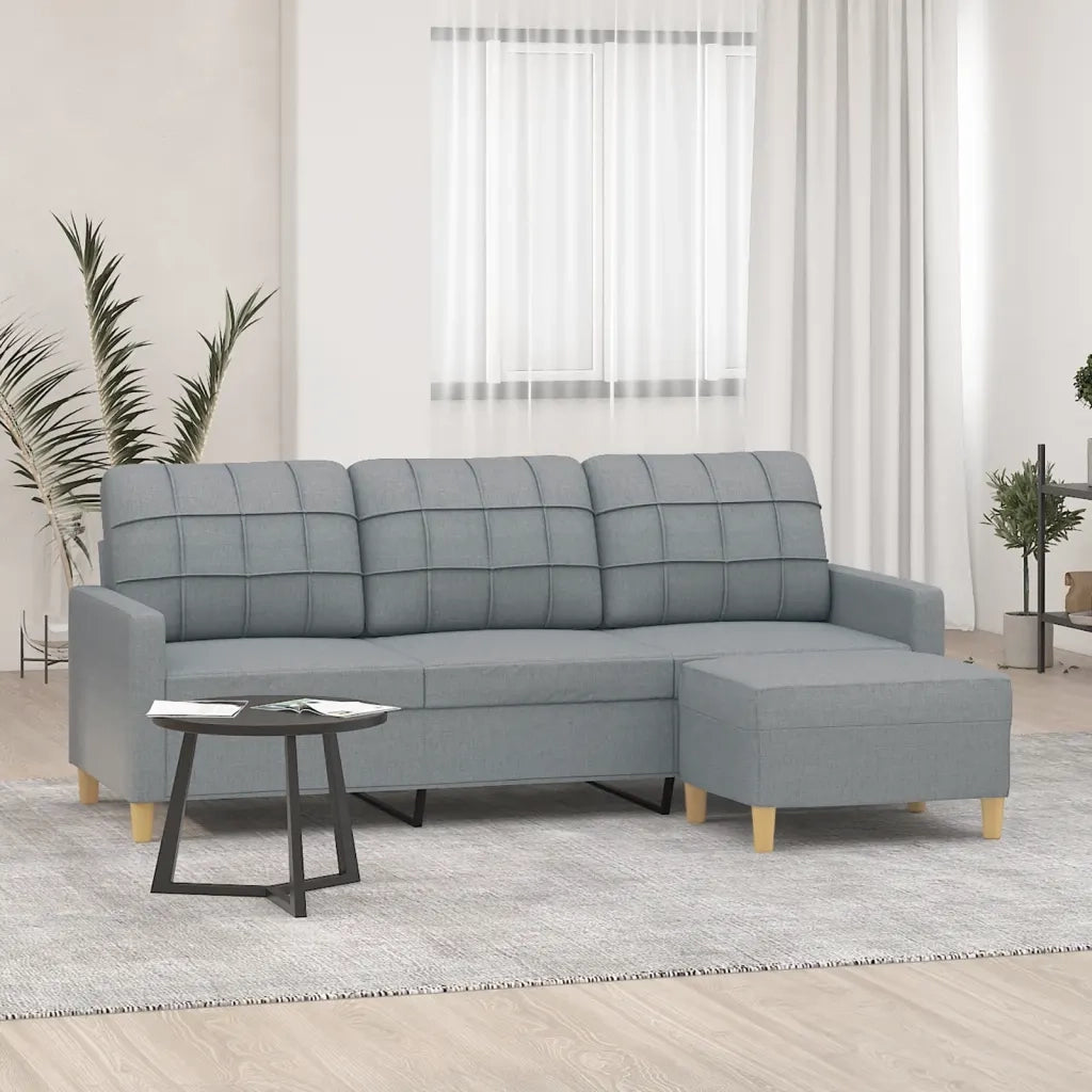 Divano a 3 Posti con Poggiapiedi Grigio Chiaro 180cm in Tessuto