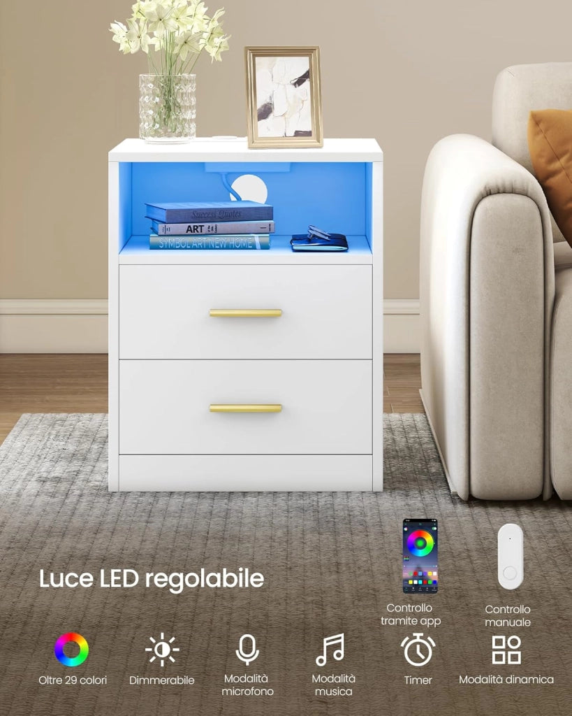 VASAGLE CUSTOS Collezione - Set di 2 Comodini con Stazione di Ricarica, Luce LED, Tavolini Moderni con Cassetti, Ripiano Aperto, 2 Prese AC e Porte USB, Bianco Nuvola LET829WB01