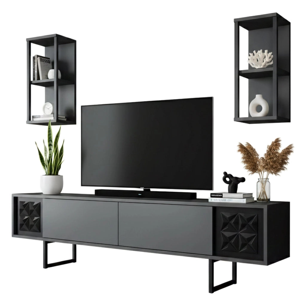 Mobile porta TV Axa, Credenza da soggiorno, Armadio basso per TV, Base parete attrezzata, 180x30h48 cm, Antracite e Nero