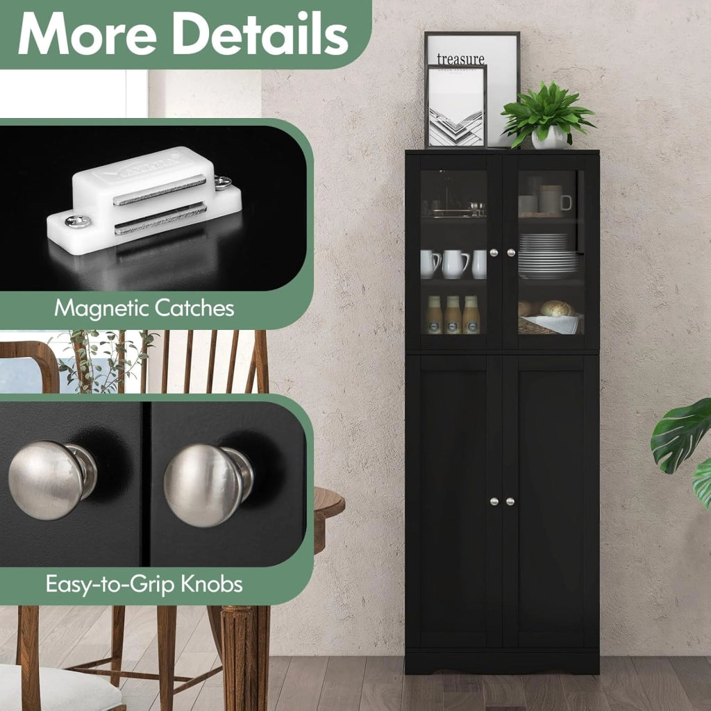 Armadietto portaoggetti da 161,3 cm, autoportante, alto, per cucina, bagno, soggiorno, ufficio, credenza in legno con ante e ripiani in vetro, 31,8 x 61 x 161,3 cm (nero)