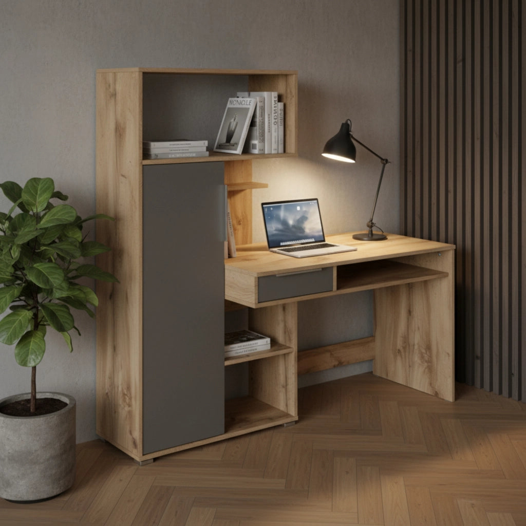 Scrivania KLEPP - Capiente - Cassetto - Quercia Wotan - Grigio - Larghezza 150 cm, Altezza 149 cm, Profondit? 92 cm