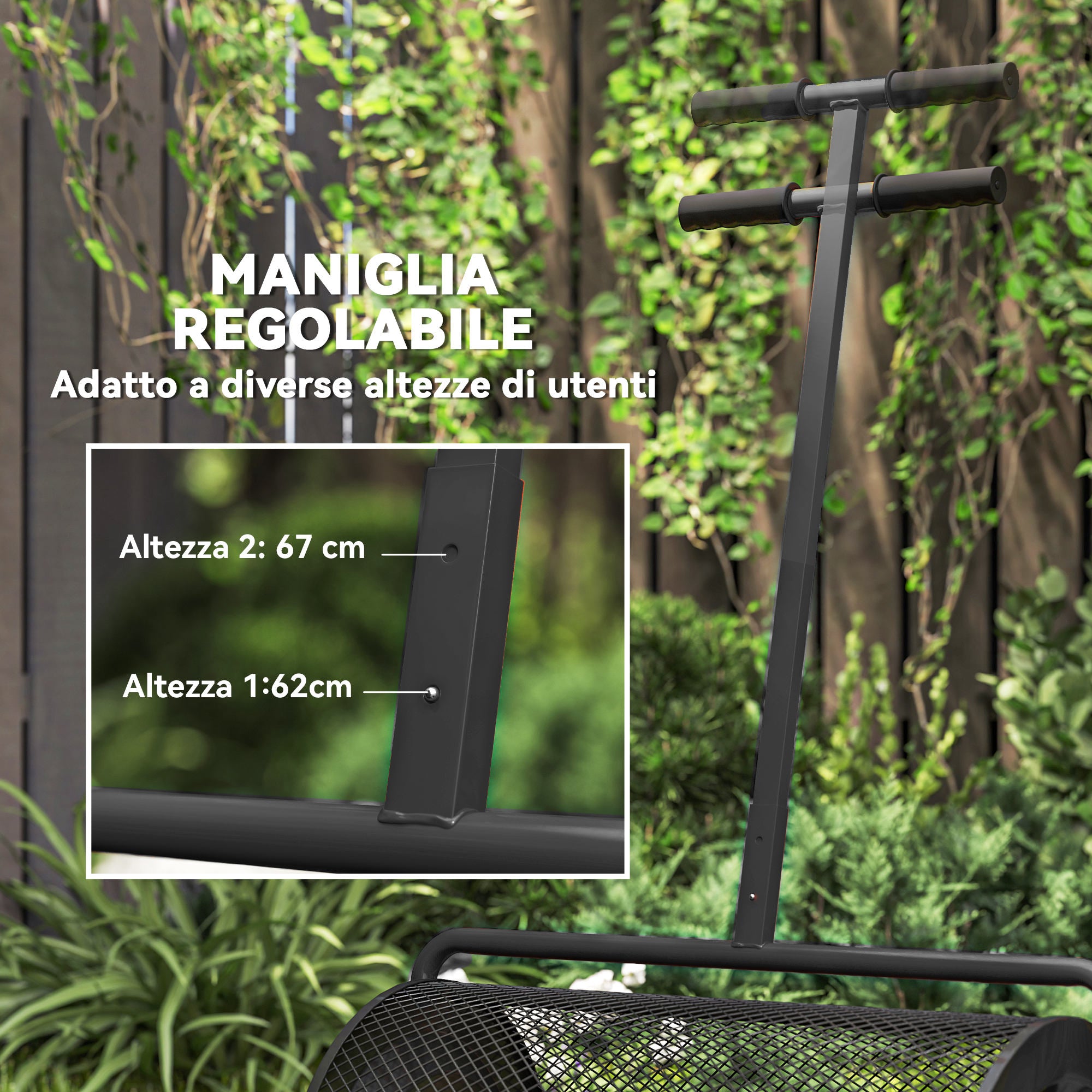 Carrello Spandiconcime da 75L 70x40x112 cm con Manico Regolabile a T in Metallo Nero