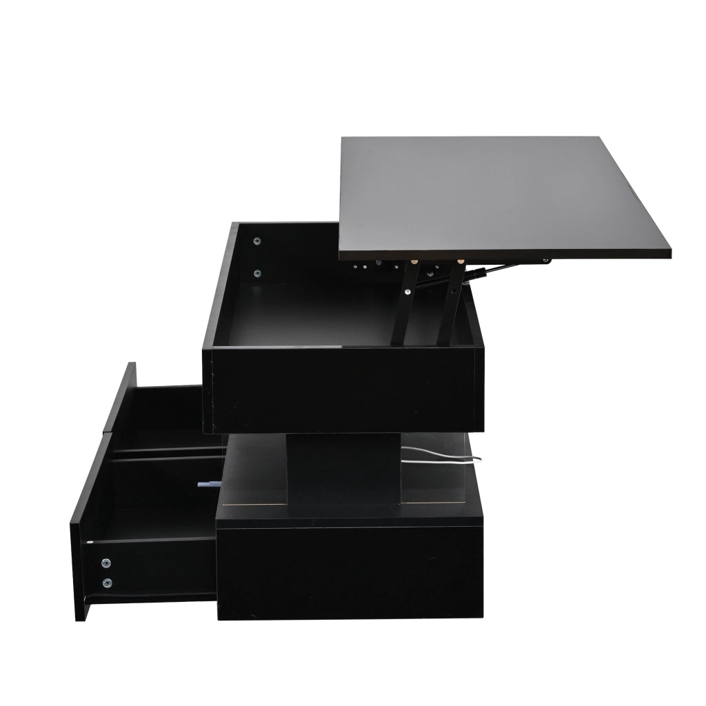 Tavolino da caffè alzabile con 2 cassetti; LED e vano portaoggetti - per soggiorno - 100×50×46 cm - nero