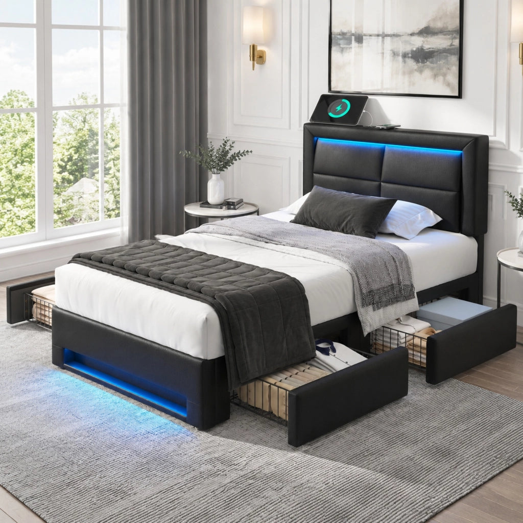 Letto imbottito 90x190 cm in PU nero con USB; LED; ricarica senza fili e 4 cassetti