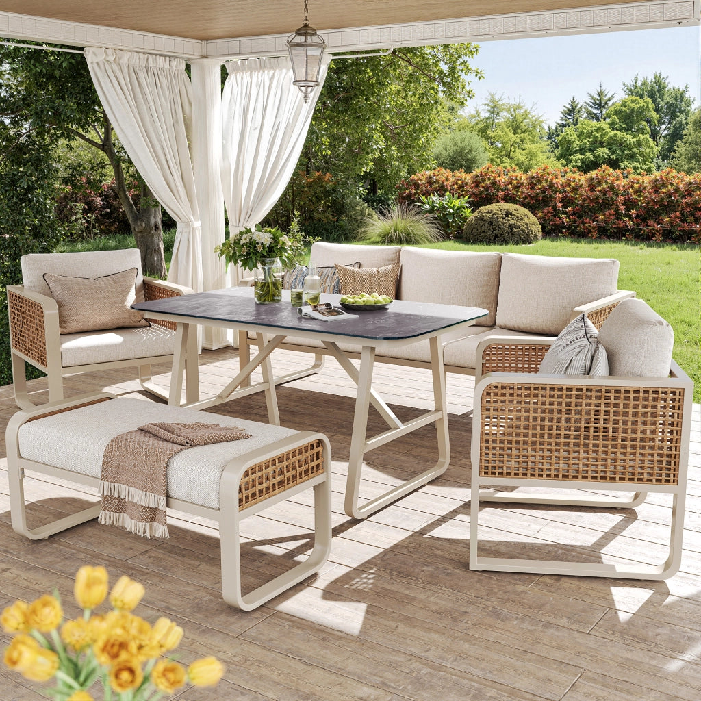 Salotto da Giardino con 2 Poltrone; 1 Divano 3 Posti; 1 Panca e 1 Tavolo; per 6-7 persone; Rattan PE; Ferro e Tessuto Impermeabile; Beige