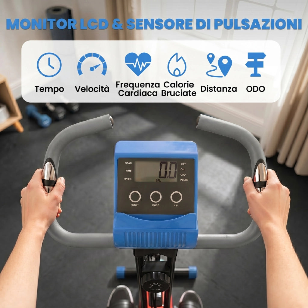 Cyclette Pieghevole con Resistenza Magnetica 8 Livelli. Sensore di Frequenza Cardiaca. Volano 2.5kg. Azzurro