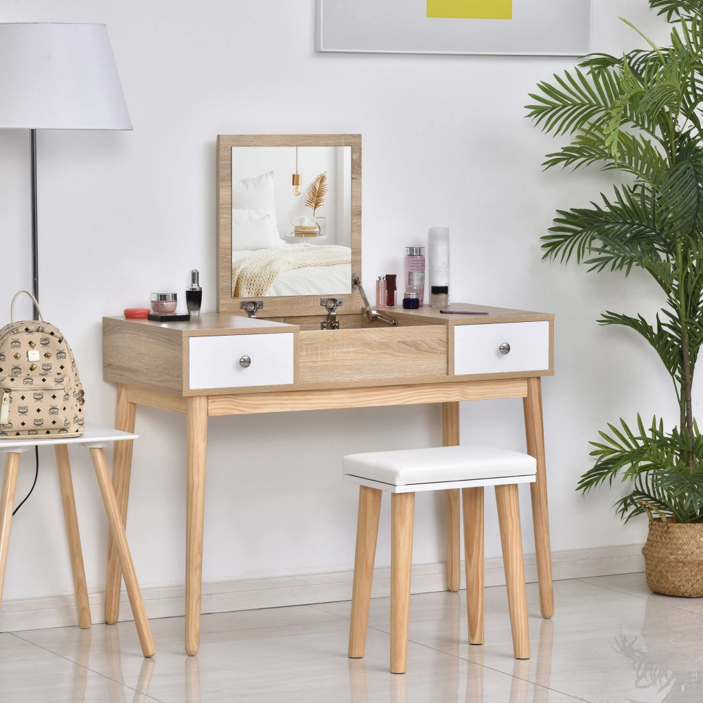 Tocador con specchio abatibile e sgabello imbottito ¨C zephmum ¨C colore naturale 100x45x118 cm