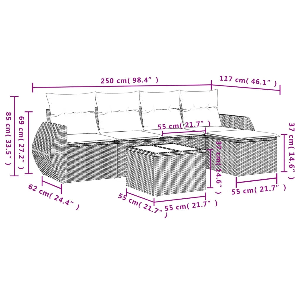 Set Divano da Giardino 6 pz con Cuscini Nero in Polyrattan
