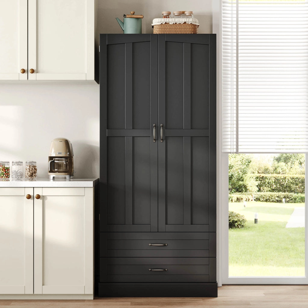 Credenza alta con 3 ripiani estraibili, 2 cassetti e ripiani nelle ante, in MDF nero, per cucina e soggiorno, 80 × 37,5 × 180 cm
