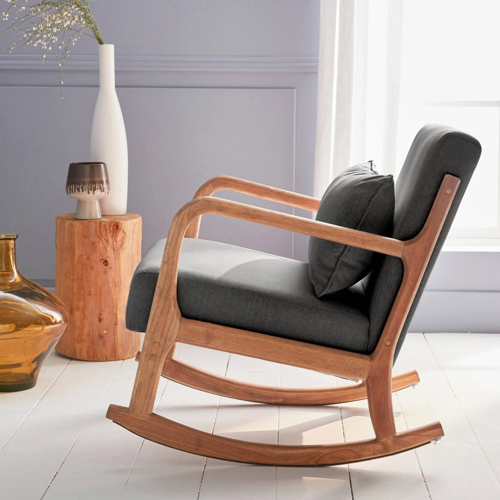 Poltrona scandinava a dondolo in legno e tessuto con braccioli, grigio