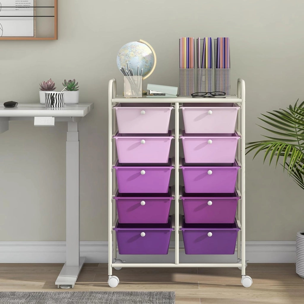 Carrello con 10 cassetti, impilabile, per cassetti, da cucina, bagno, ufficio, 65,5 x 37 x 87 cm (viola)